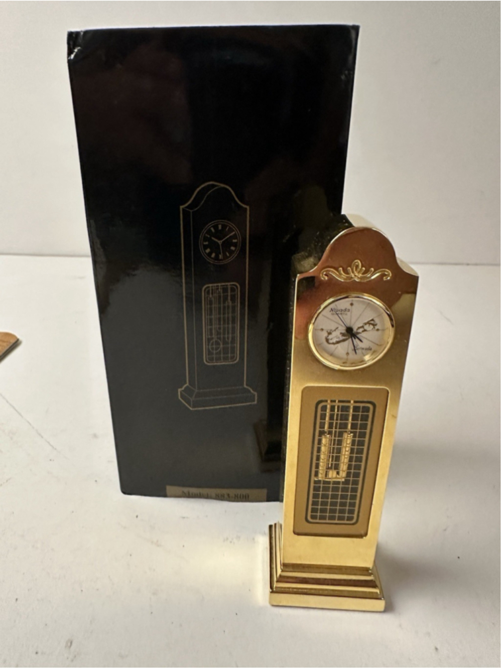 Vintage Miniature Grandfather Desk Clock Gold Tone Brass Finish Model 883-800 Bo